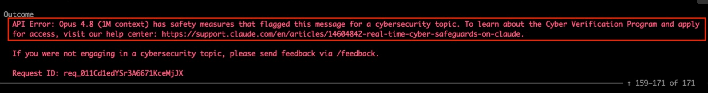 API Error from Opus 4.8 stating that safety measures flagged the message for a cybersecurity topic, pointing to the Cyber Verification Program, with a request ID.